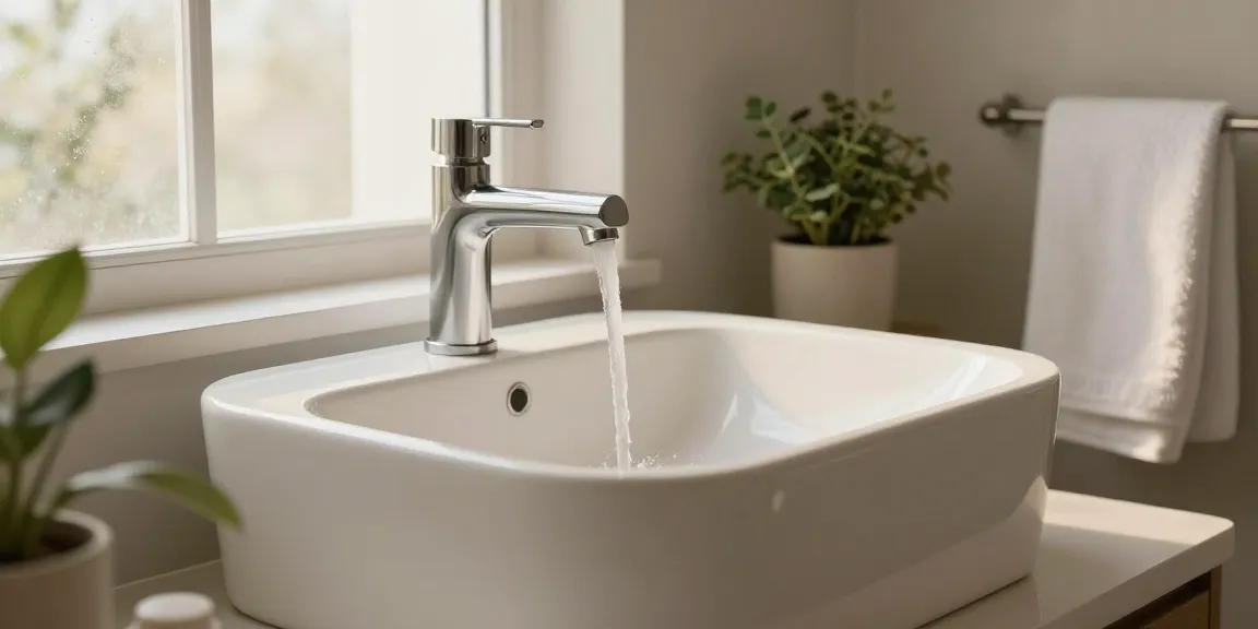 Ablution wash basin with flowing water in a serene bathroom setting, soft towel and greenery.