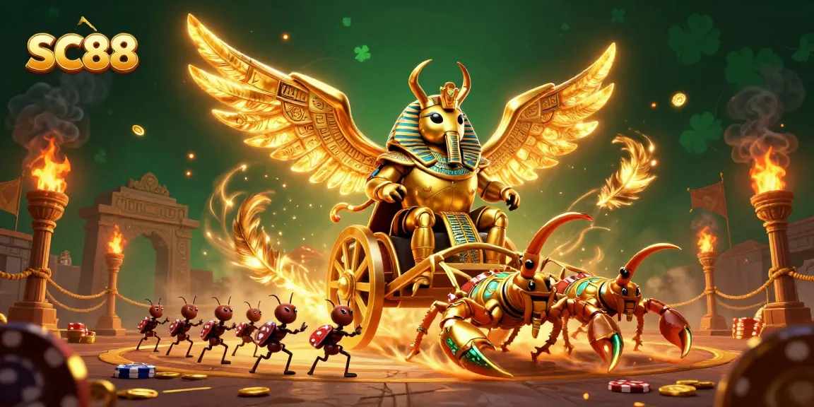 Engage with SC88's thrilling 3D chariot race featuring a golden scarab beetle and scorpions.