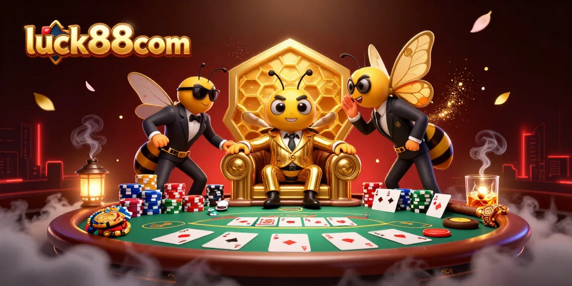 Luck88com invites gamblers to engage in high-stakes poker with a vibrant 3D casino scene showcasing action.