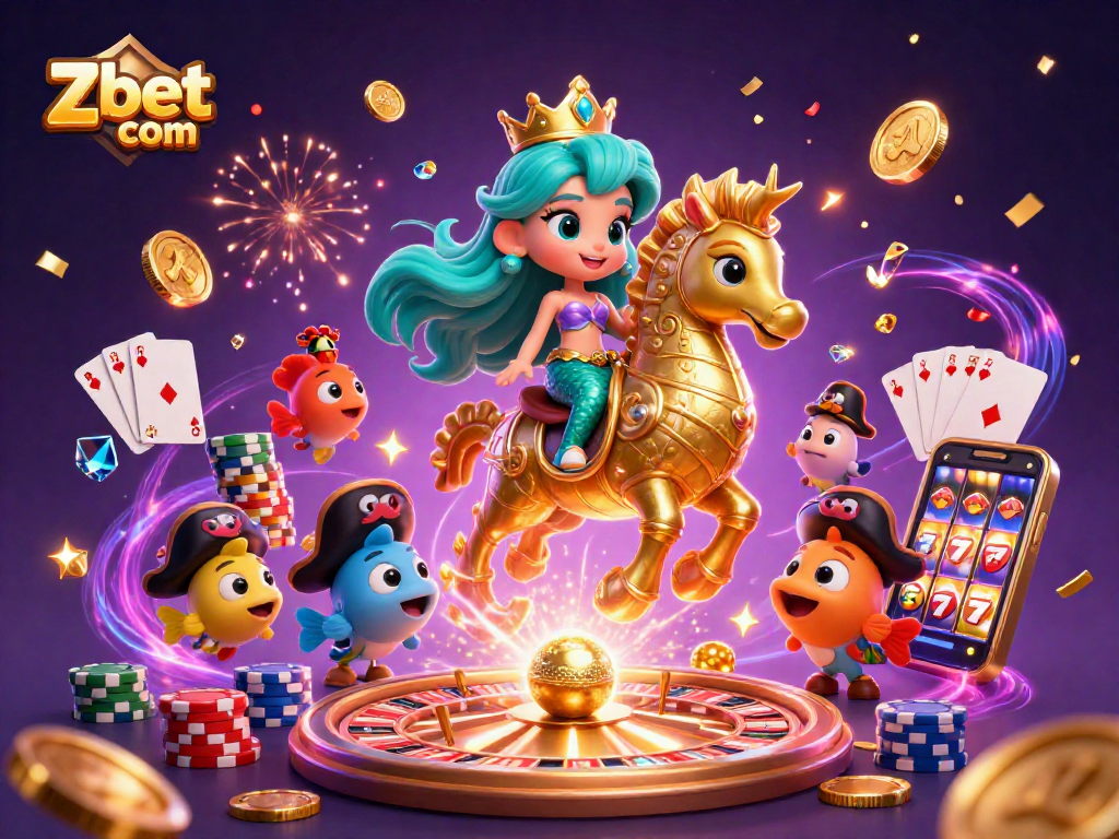 Experience the thrill at Zbet com with a vibrant 3D casino illustration full of action and excitement.