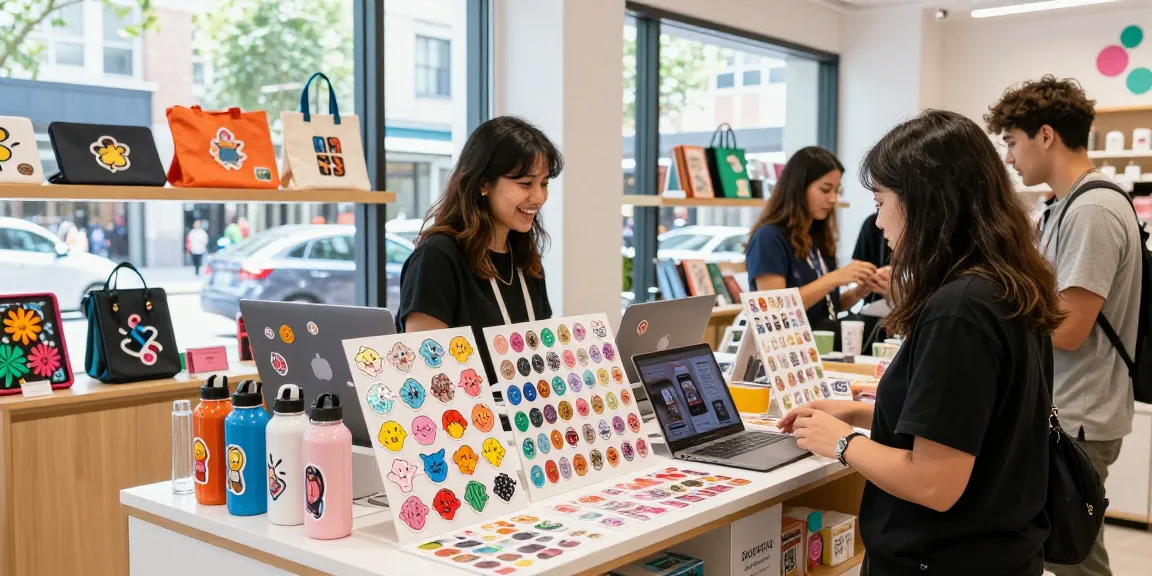 Exciting custom stickers display in a retail store showcasing vibrant designs and textures.