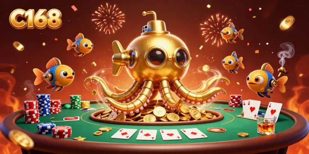 C168 showcases a vibrant 3D scene with a golden kraken submarine amidst poker chips and celebration elements.