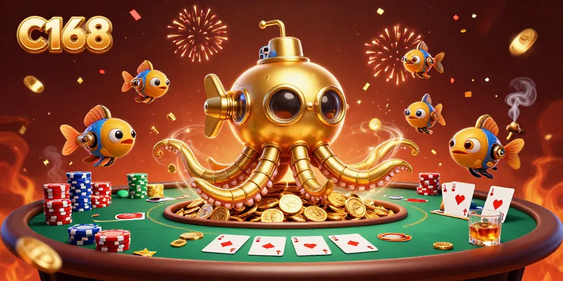 C168 showcases a vibrant 3D scene with a golden kraken submarine amidst poker chips and celebration elements.