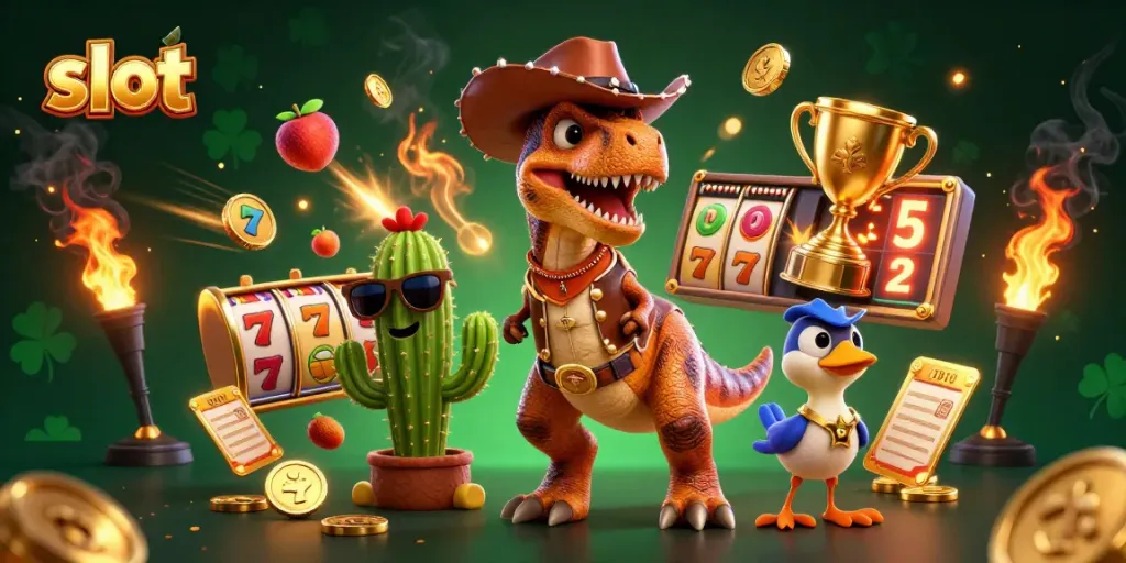 Win big at slot games with a dynamic scene featuring cartoon characters and rich gambling elements.