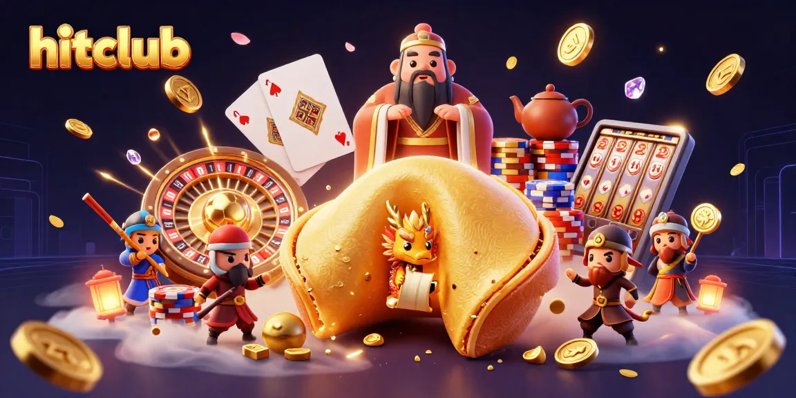 Hitclub presents a vibrant scene of gameplay excitement with golden fortune cookies and cascading coins.
