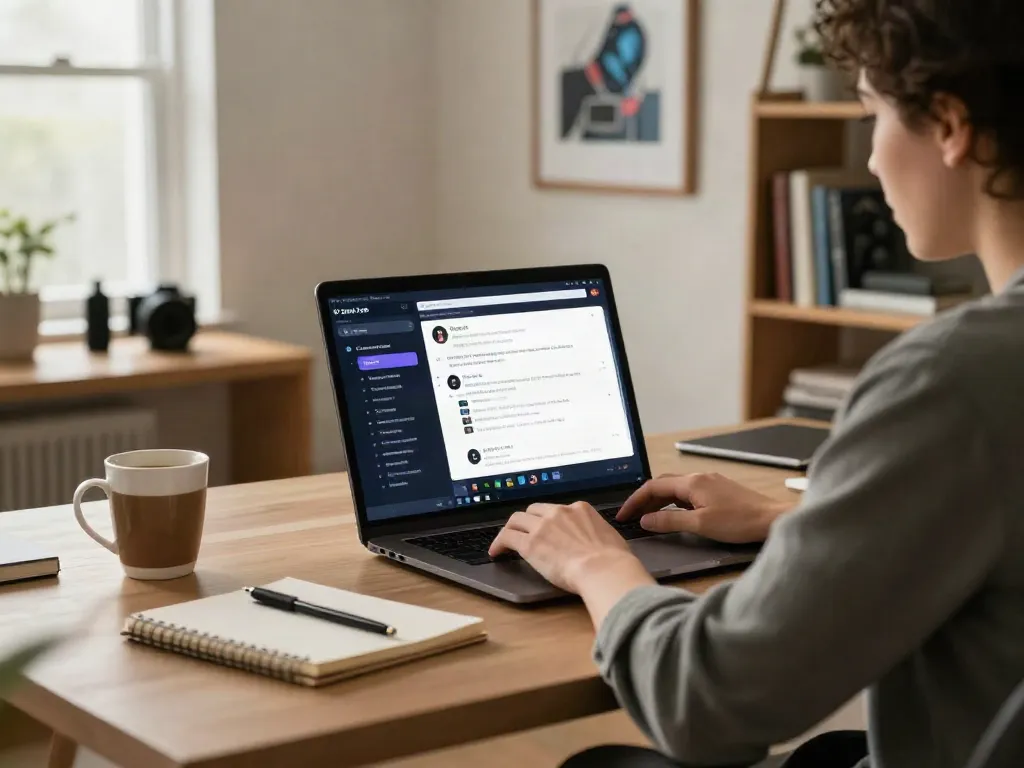 Engaging individual using an unfiltered AI chat platform in a modern home office.