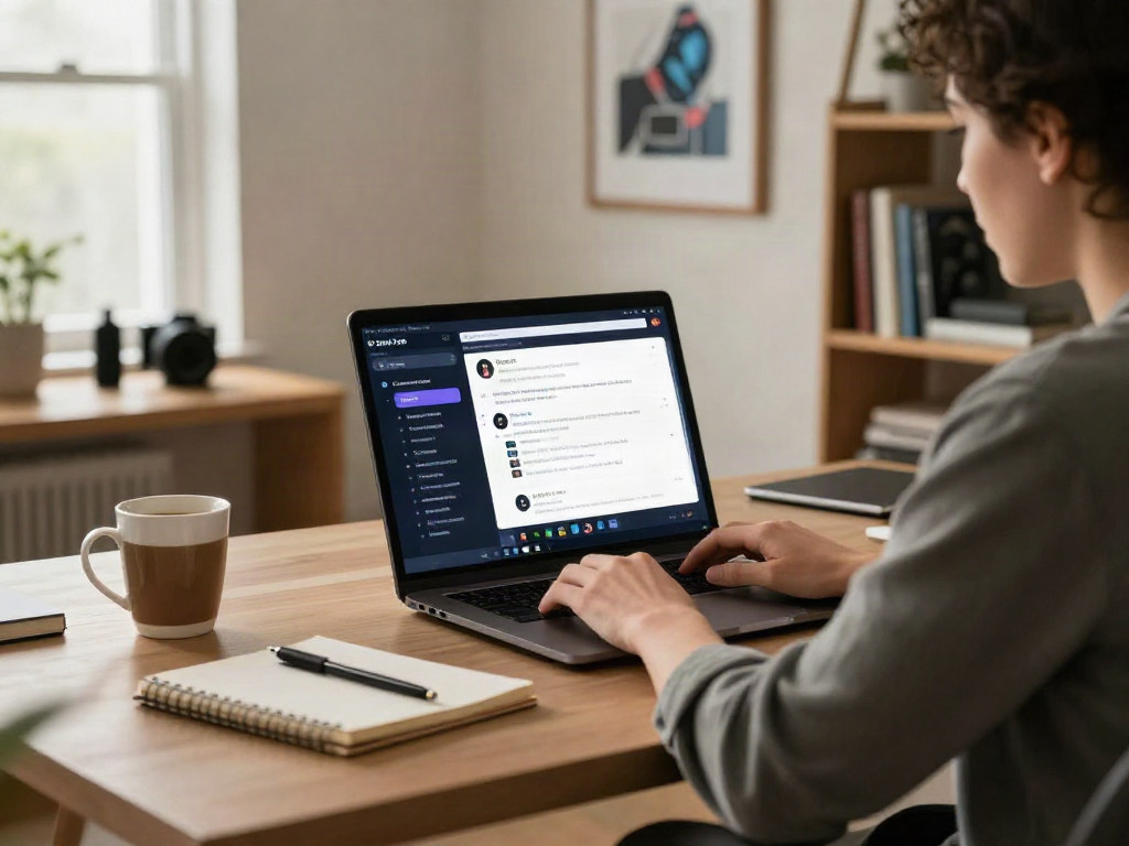 Engaging individual using an unfiltered AI chat platform in a modern home office.