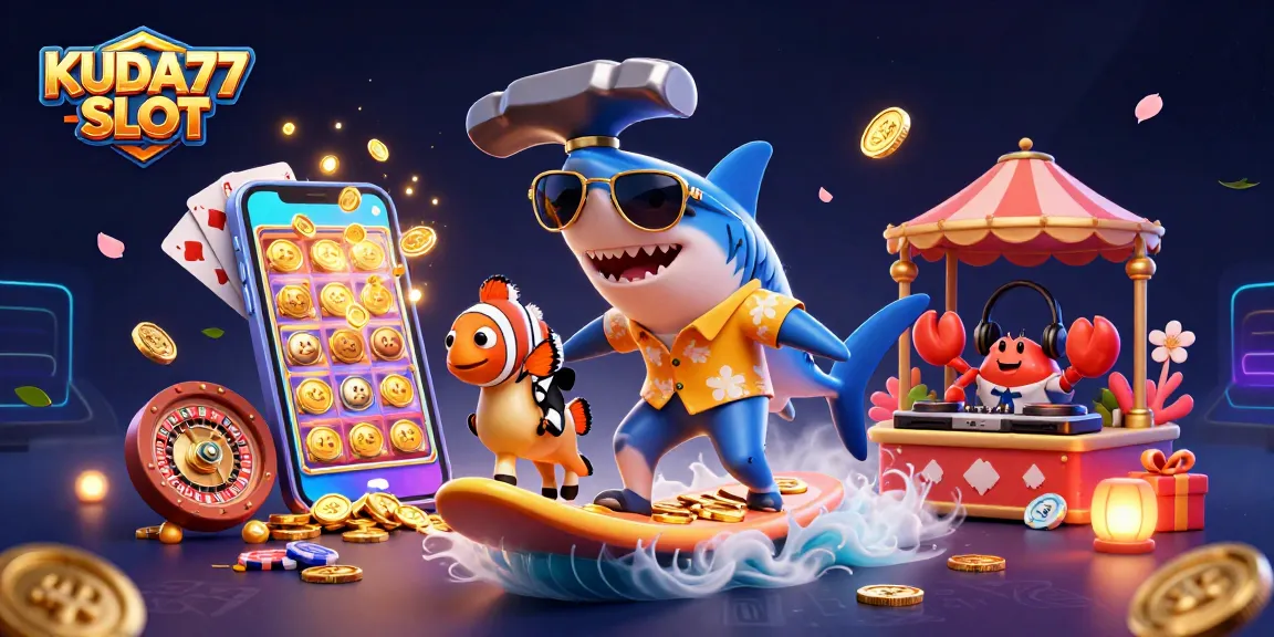 Permainan KUDA77 SLOT menarik dengan hiu, ikan badut, dan kepiting DJ bertema kasino.
