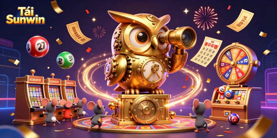 Tải Sunwin features dynamic lottery balls and a golden owl scanning a vibrant casino floor.