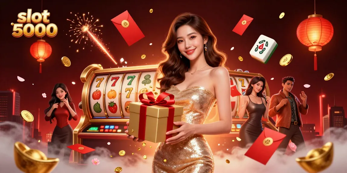Experience the excitement with slot 5000 in this vibrant casino scene filled with symbols and festive elements.