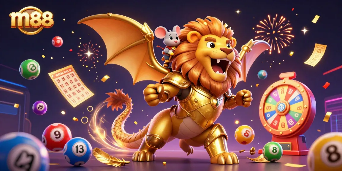 Experience exciting betting at M88 with dynamic lottery balls and a roaring chimera in an engaging casino scene.