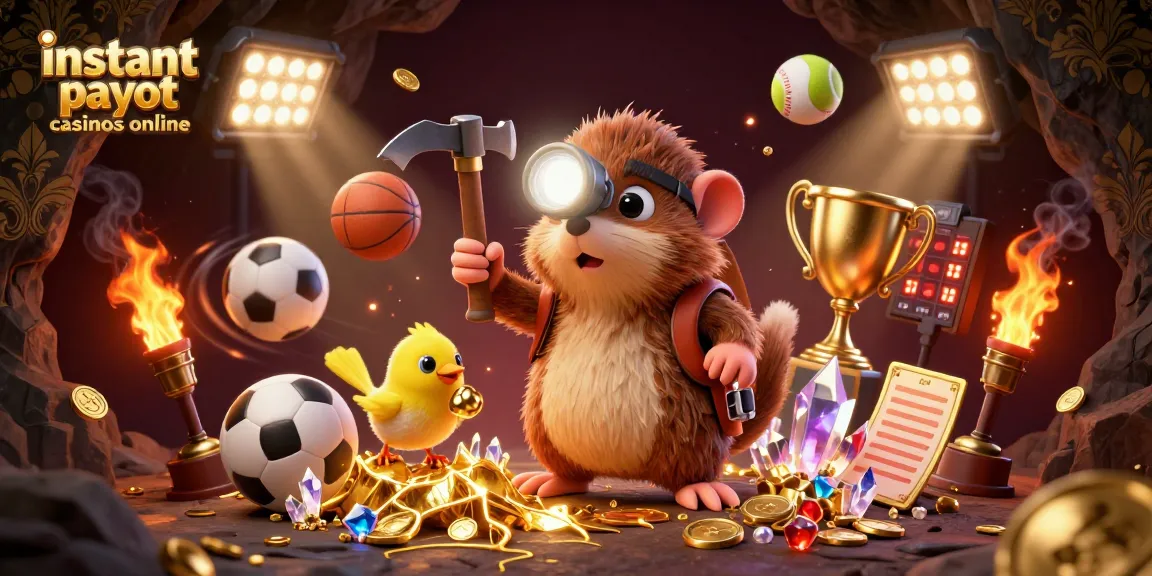 Engage with instant payout casinos online featuring a treasure hunter mole discovering gold and gem deposits alongside a canary.
