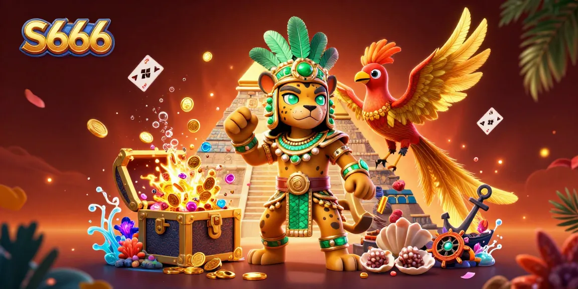 S666 captures the magic of online gaming with a vibrant 3D illustration featuring a jaguar priest, gold coins, and exciting game elements.