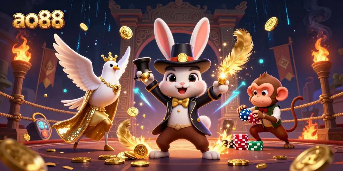 Spin to win with ao88 - a vibrant 3D scene featuring a magician rabbit, glamorous dove, and monkey in action.