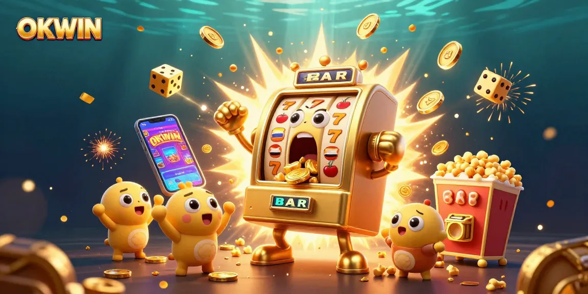 OKWIN celebrates a thrilling jackpot moment with a golden slot machine and cheering characters.