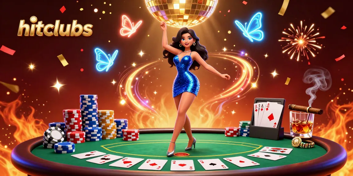 Experience gaming excitement at hitclubs with a glamorous woman dancing amidst vibrant casino elements.