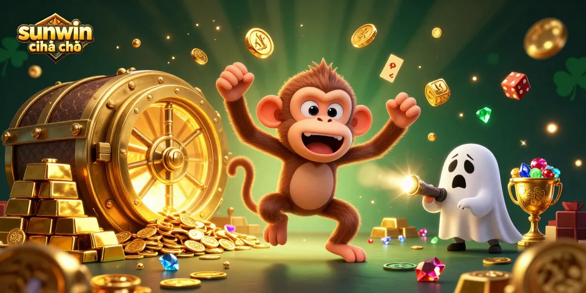 Experience thrilling adventures at sunwin chính chủ as a playful poltergeist monkey juggles golden treasures in a haunted casino.
