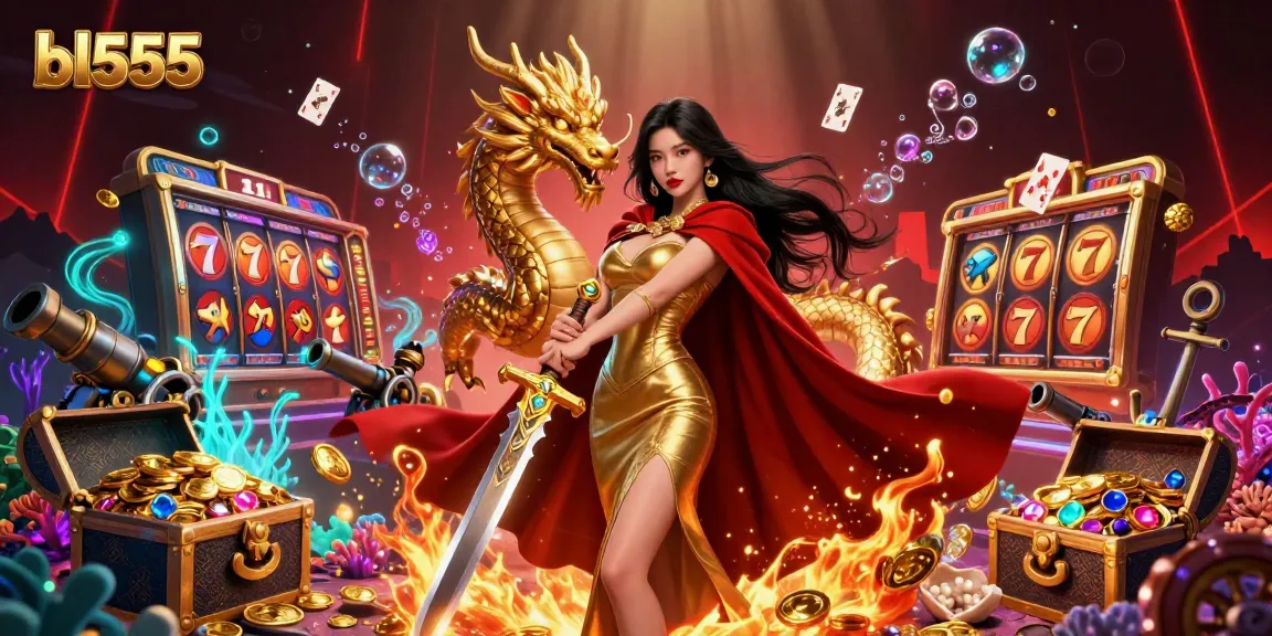 bl555 showcases an epic gaming scene with a warrior queen and dazzling casino elements for immersive fun.
