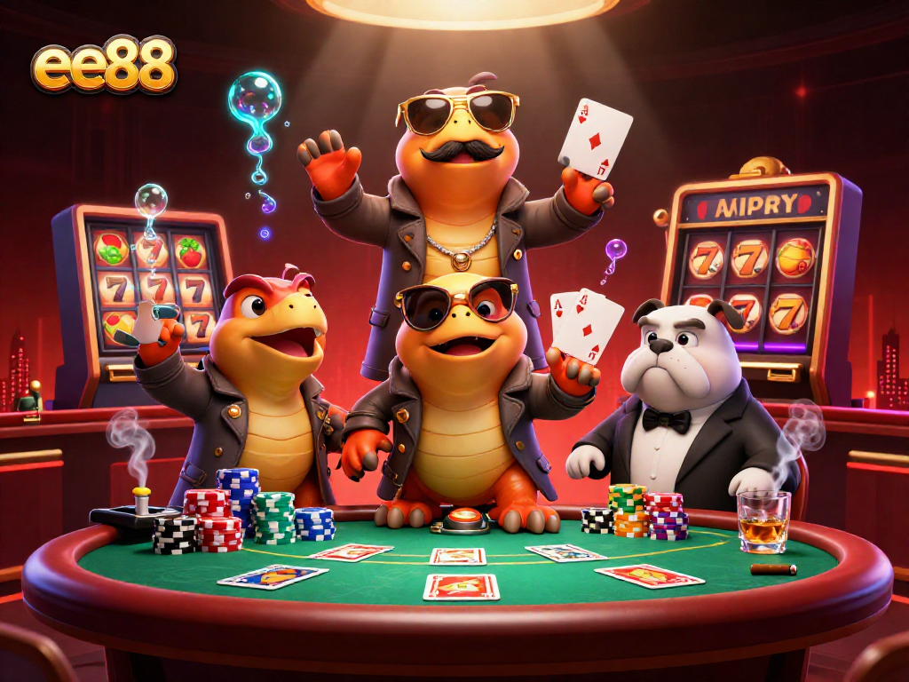 Experience the excitement of ee88 with raptors in a trench coat and a bouncer at a flashy casino.