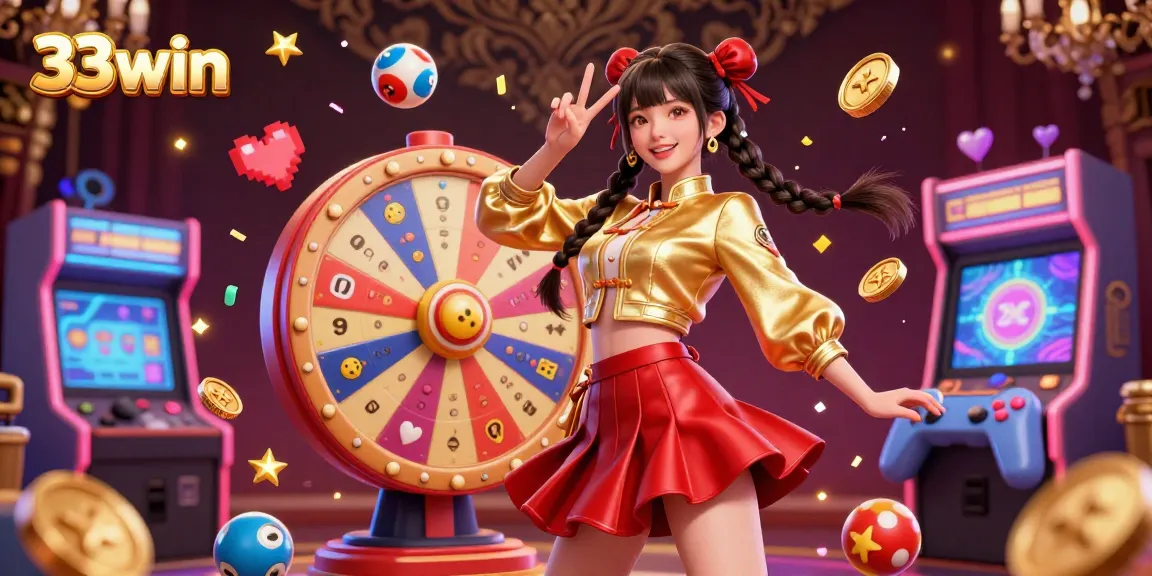 Win exciting games at 33win with vibrant chaos of lottery balls and a spinning prize wheel.