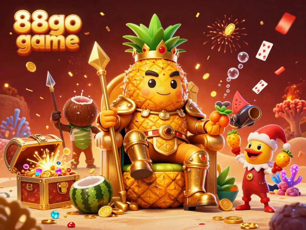 Engage with the vibrant 88go game scene featuring a golden pineapple king and tropical characters celebrating wins.