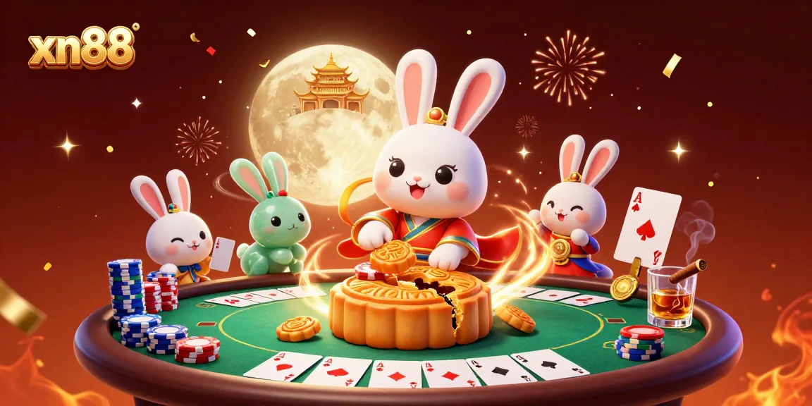 Xn88's vibrant casino scene featuring a moon rabbit revealing poker chips from mooncakes, surrounded by poker elements, dynamic energy, and festive colors.