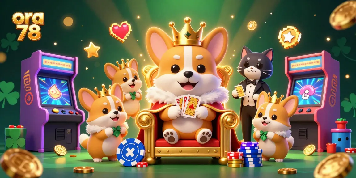 Permainan seru di ora 78 dengan corgi raja, kartu emas, dan mesin arcade yang berwarna cerah.