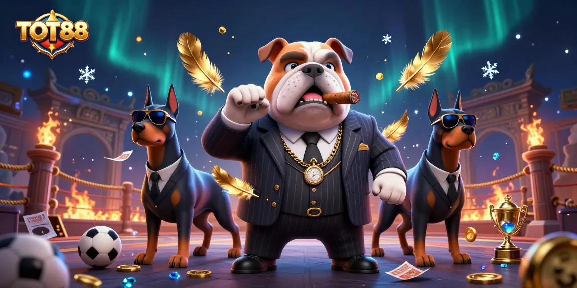 Experience thrilling sports betting at TOT88 with a vibrant scene of a bulldog mafia boss and Doberman bodyguards.