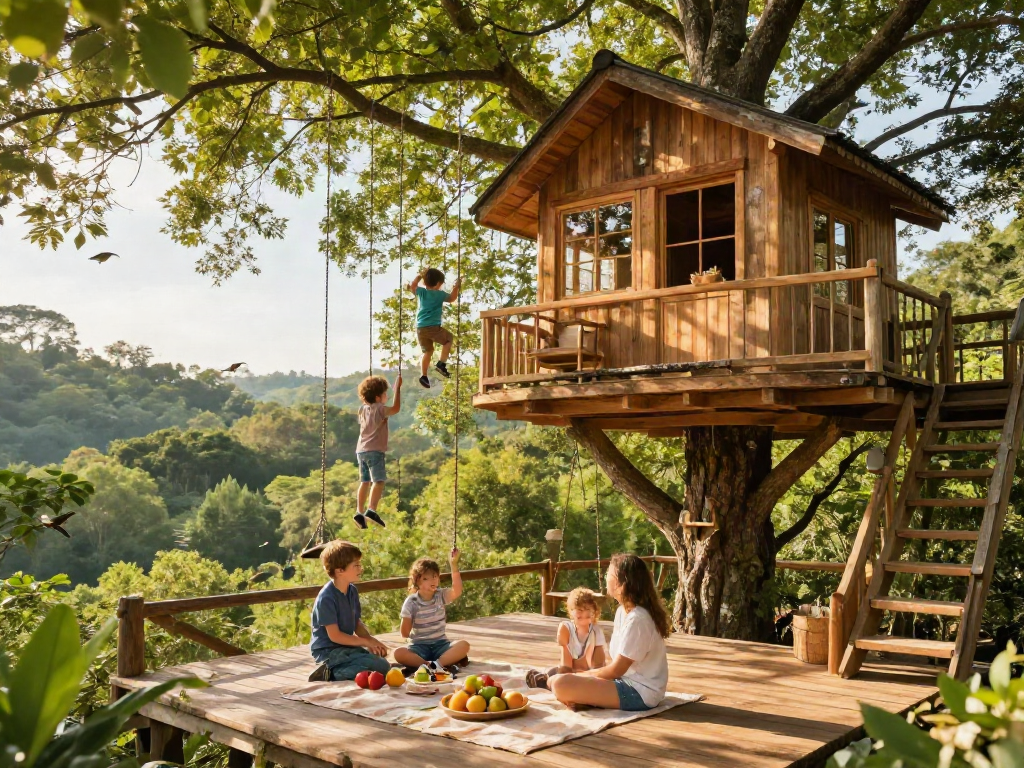 Family enjoying treehouses with forest views and picnic setup.