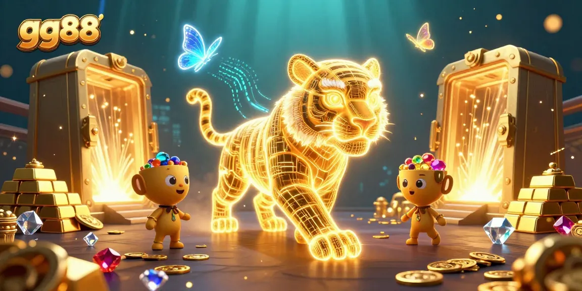 Play the latest games at gg88 casino, featuring an enchanting digital tiger surrounded by treasures and gaming excitement.