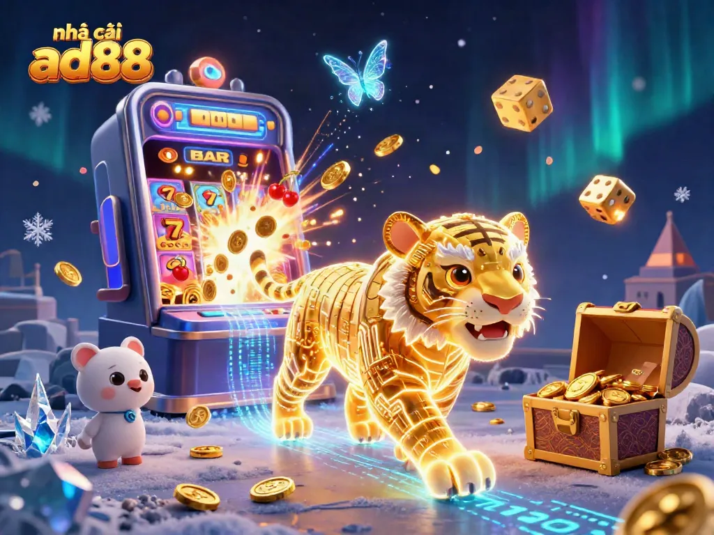 Engage with nhà cái ad88 at a vibrant digital casino with neon characters and dynamic slot action.