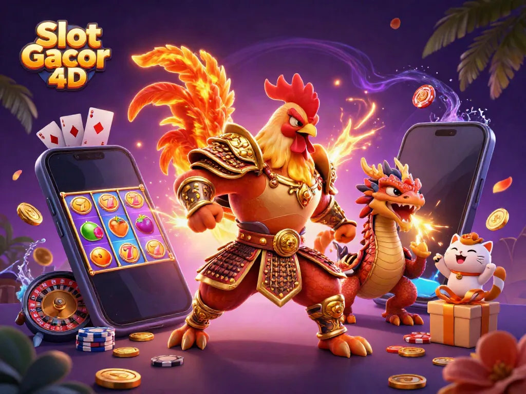 Slot Gacor 4D menampilkan ayam jantan bertarung, naga, dan kucing keberuntungan dalam ilustrasi ceria.