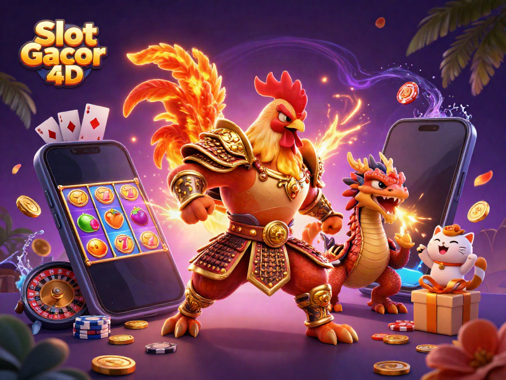 Slot Gacor 4D menampilkan ayam jantan bertarung, naga, dan kucing keberuntungan dalam ilustrasi ceria.