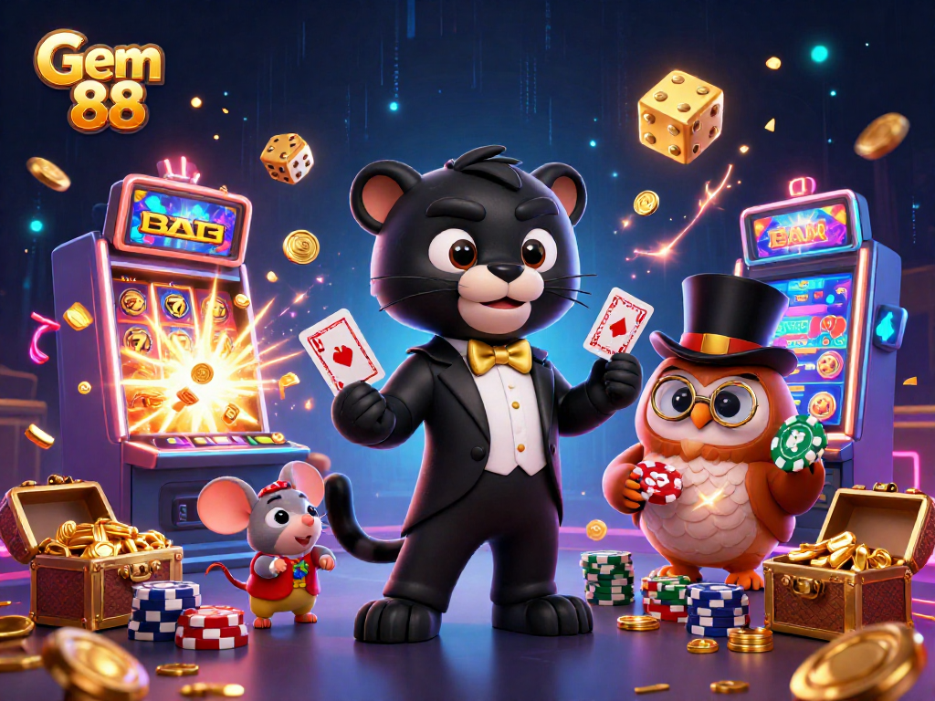 Engage with Gem 88's dynamic casino scene featuring colorful characters and vibrant gaming elements.
