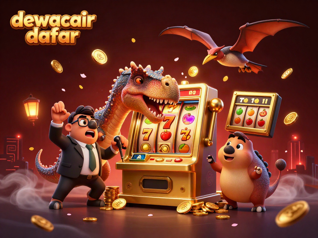 Spin and win with dewacair daftar at this vibrant 3D casino scene featuring dinosaurs and slot machines!
