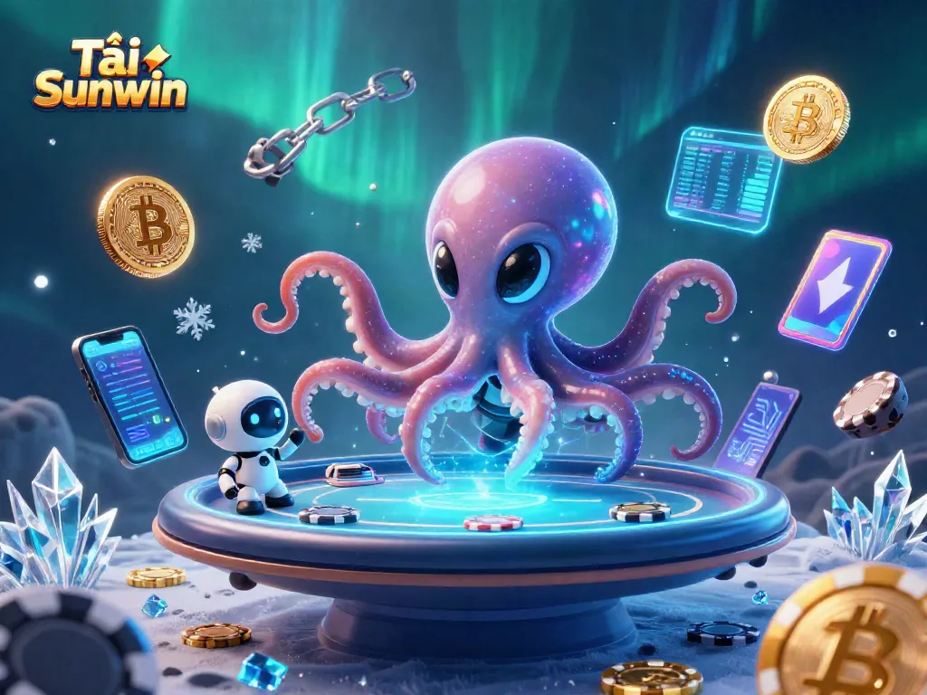 Tải Sunwin with a vibrant 3D alien octopus and robot at a holographic poker table amidst crypto themes.