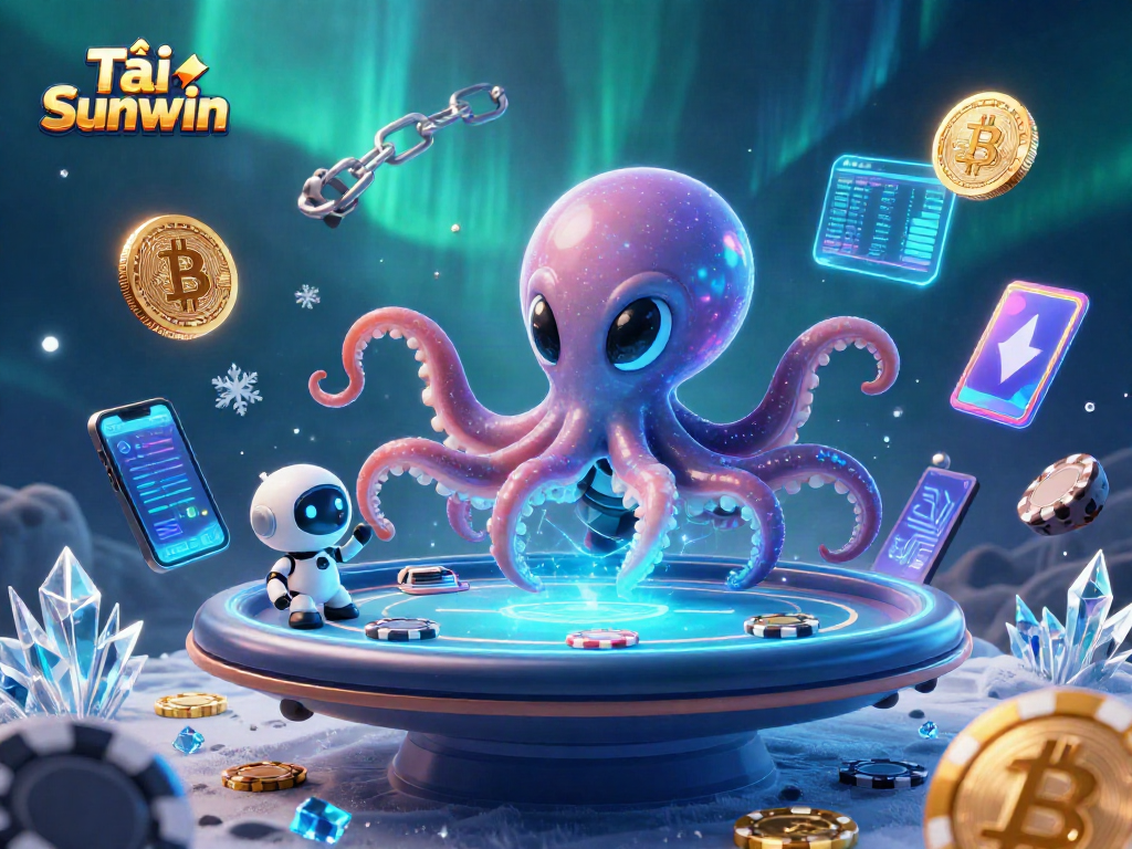 Tải Sunwin with a vibrant 3D alien octopus and robot at a holographic poker table amidst crypto themes.
