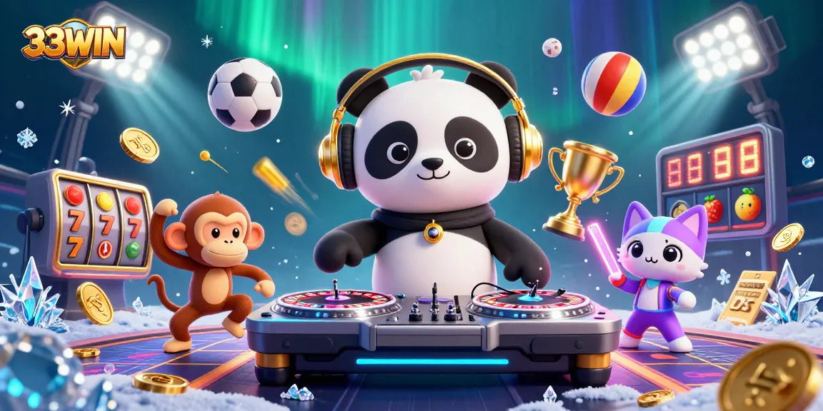 Engage with the vibrant 33WIN casino scene featuring a DJ panda, breakdancing monkey, and glow-stick kitten.