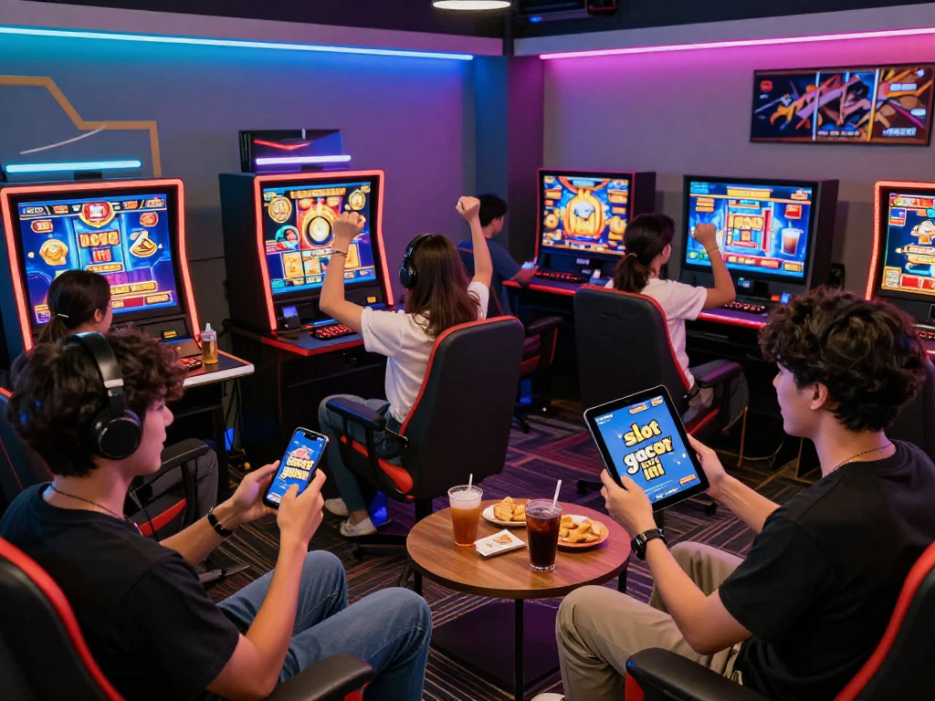 Exciting scene of players enjoying slot gacor hari ini in a vibrant gaming room.