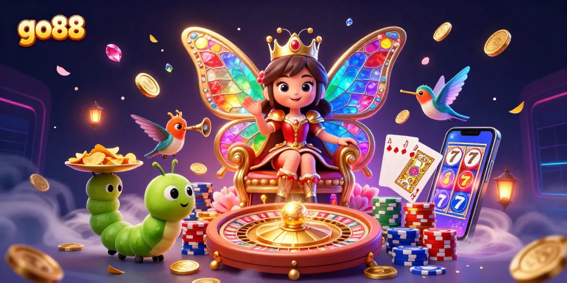 Experience the thrill of go88 with a vibrant 3D casino scene showcasing games, chips, and glamorous characters.
