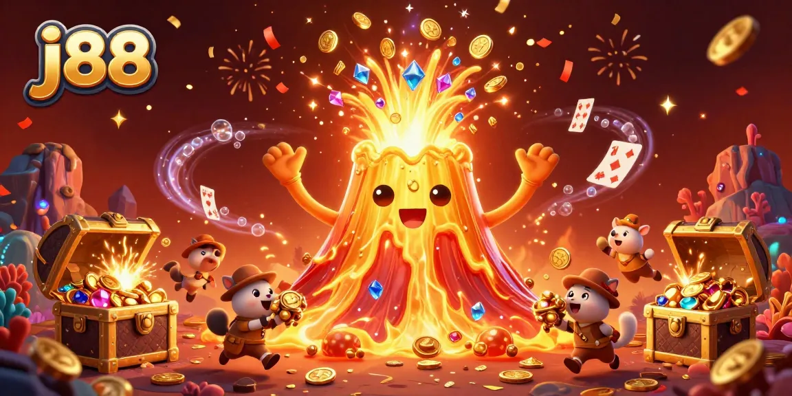 Experience j88 gaming adventure with golden volcano erupting coins and dynamic treasure chaos.