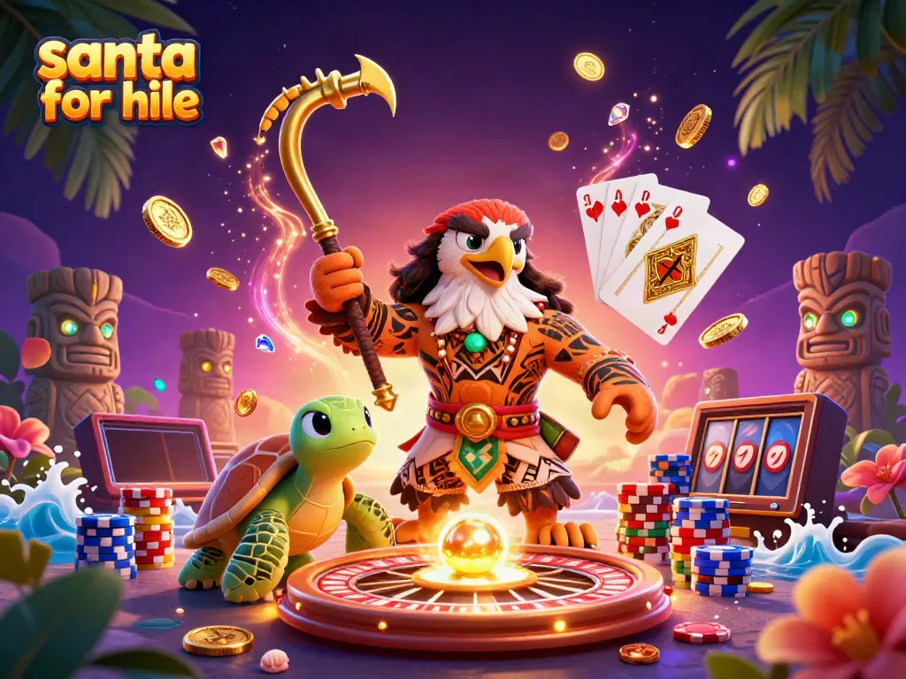 Experience the magic of hiring a Santa for hire in a festive casino-themed illustration.