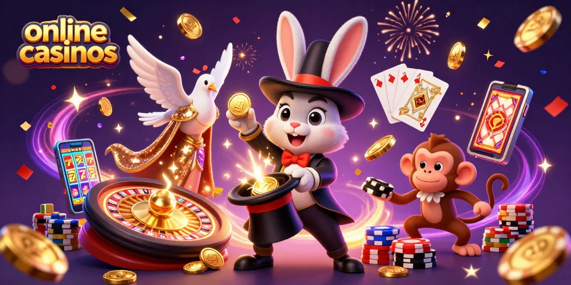 Experience thrilling online casinos with a magician rabbit, sparkling gems, and vibrant poker chips.