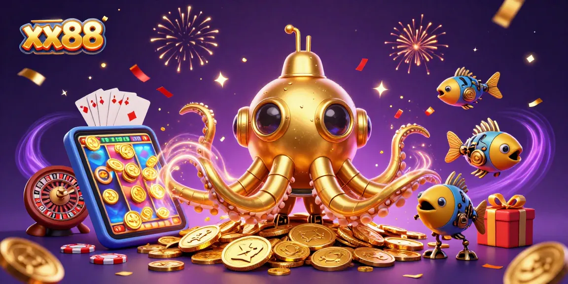 Experience thrilling gameplay with xx88 as a golden kraken submarine rises through coins amidst casino games.