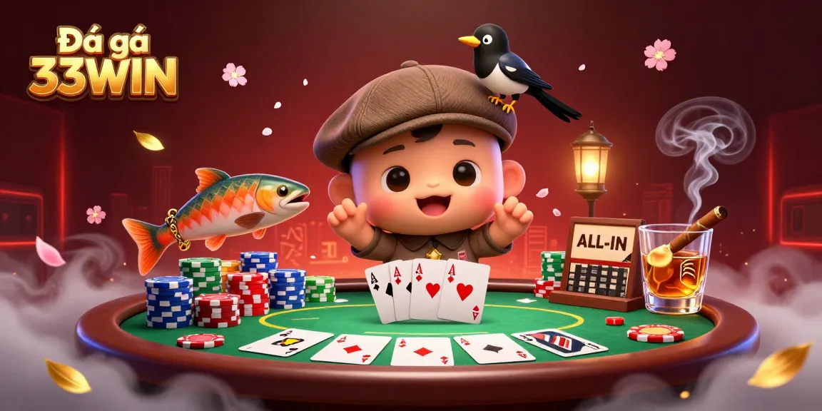 Engage with Đá gà 33WIN in a vibrant 3D casino scene featuring Nessie and poker elements.