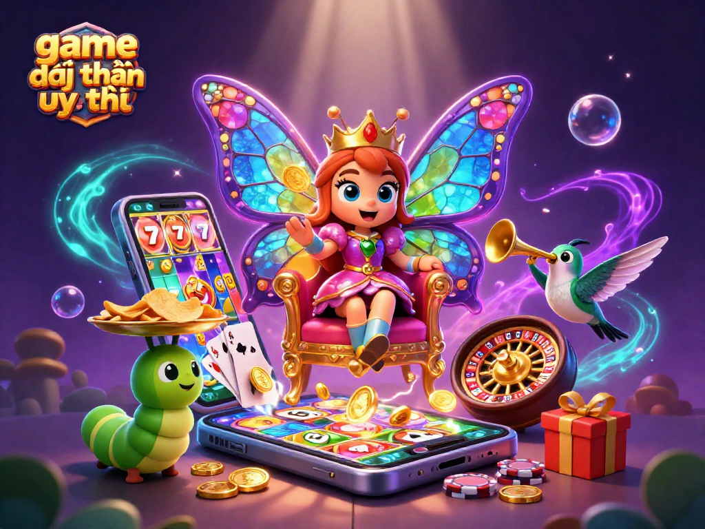 Engage in thrilling gameplay at game đổi thưởng uy tín, surrounded by casino elements and a magical character scene.