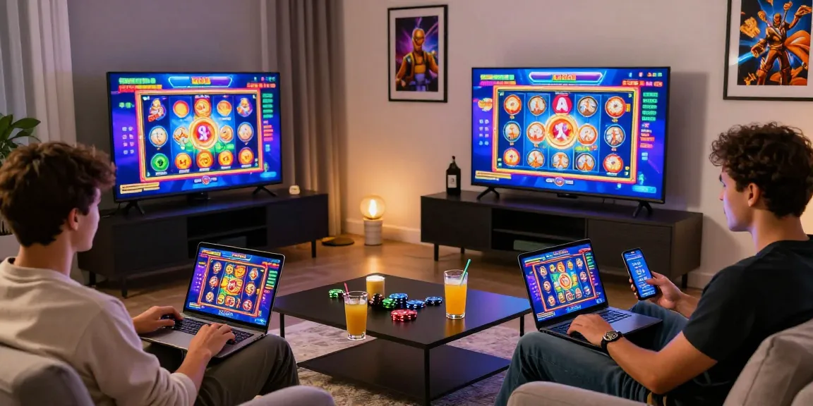 Players enjoying APIZEUS777 online slots in a cozy living room with vibrant gaming visuals.