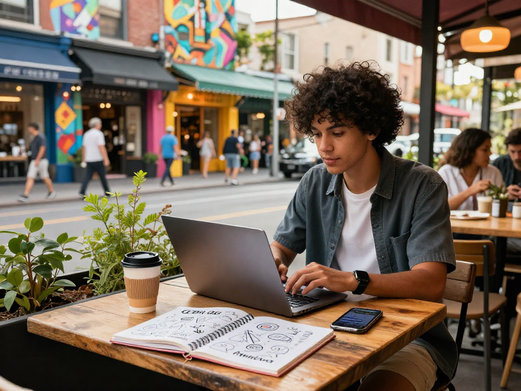 Chic urban lifestyle scene with Motchill branding, featuring a person at a café focused on digital content creation.
