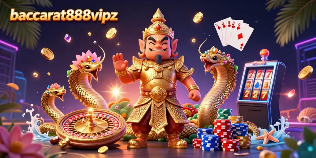 Baccarat888vipz showcases an energetic scene with a Thai temple guardian, golden coins, and vibrant game elements.