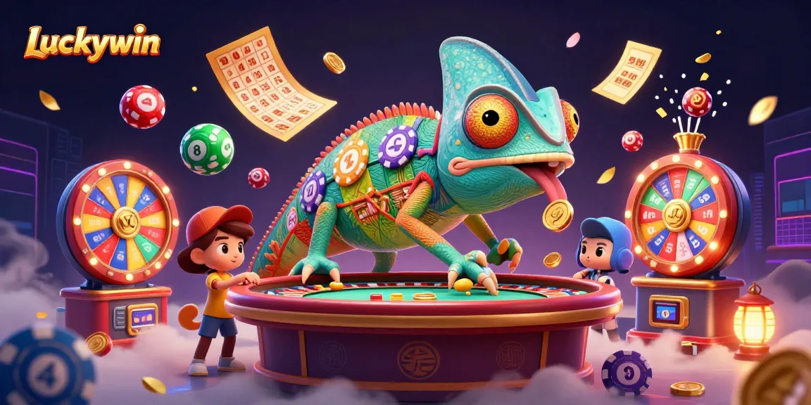 Experience thrilling gameplay with Luckywin as vibrant lottery balls and gold tickets surround a chameleon casino owner.